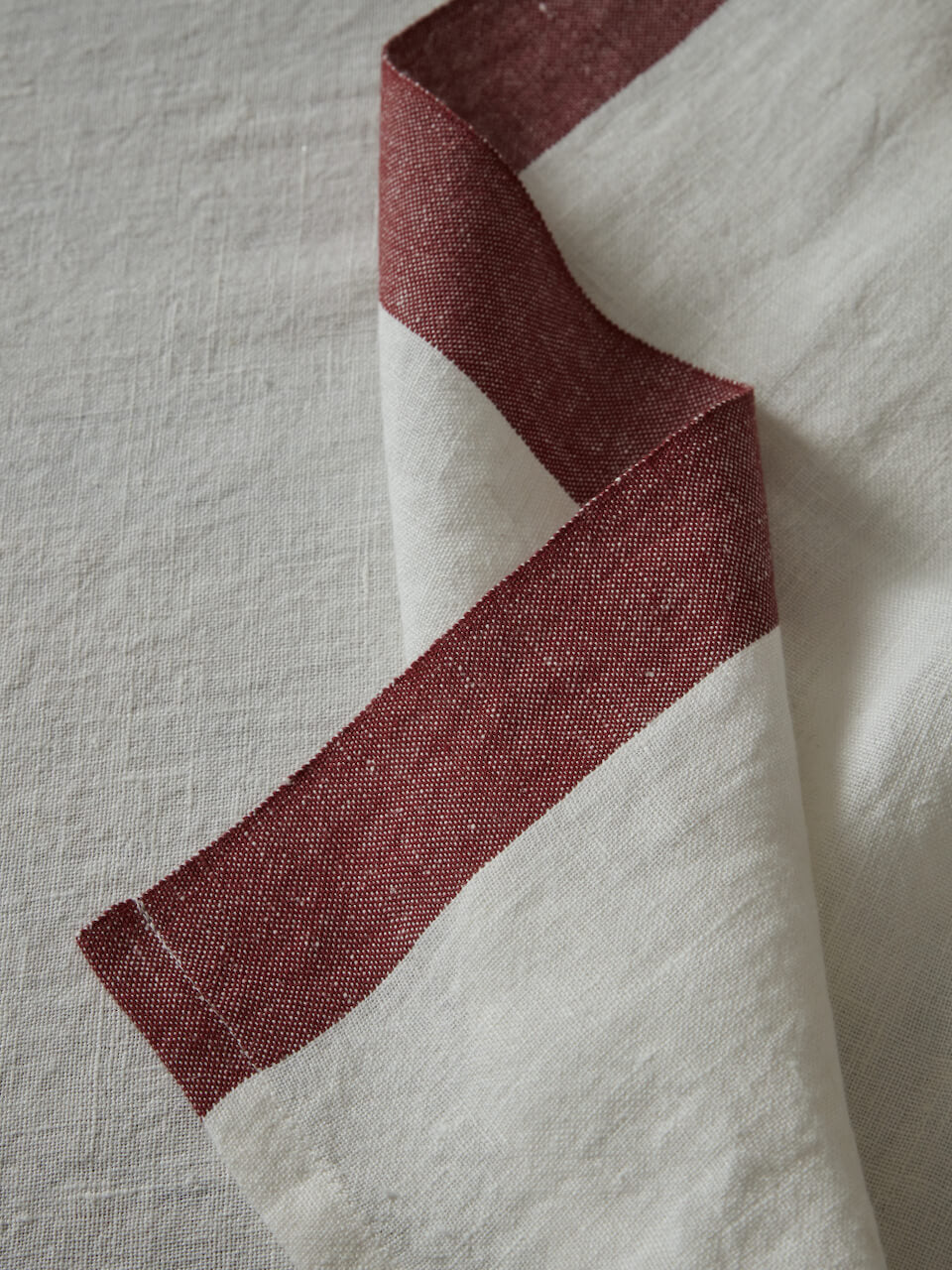 Linen Table Runner with  Burgundy Trim